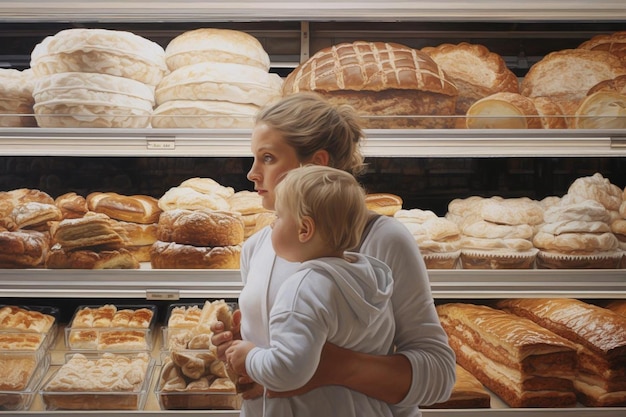 Madre con hijo eligiendo pan en una tienda de comestibles