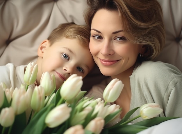 Madre con hijo con flores.