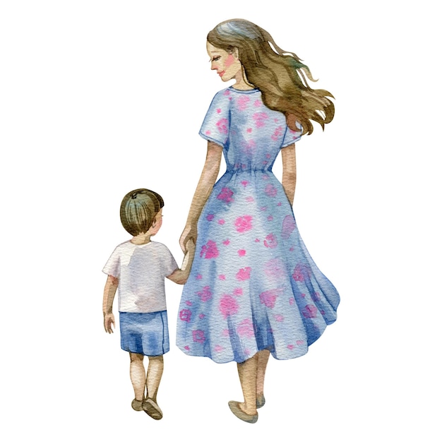 madre y hijo ilustración de acuarela para el día de la madre para la tarjeta de felicitación empaquetado pegatina