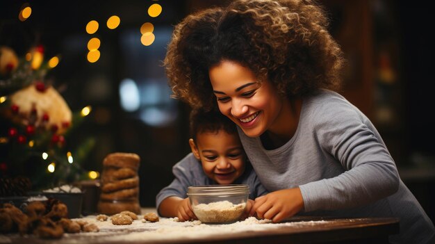 Madre y hijo mágicos crean dulces recuerdos de vacaciones en la cocina