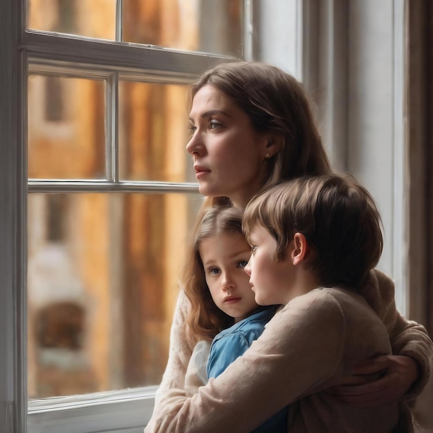 La madre y el hijo mirando por la ventana