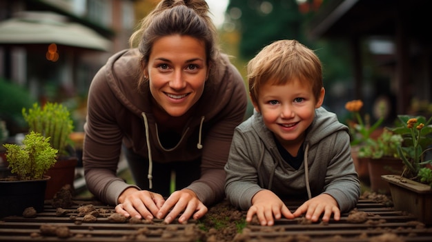 madre y hijo plantando flores en el invernadero