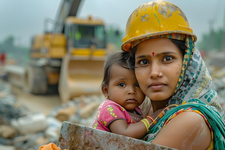 Madre y hijo resistentes en medio de un sitio de construcción