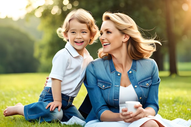 Una madre y un hijo sentados en el césped y sonriendo.