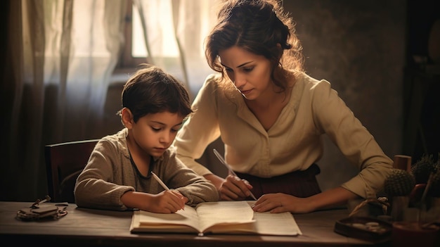 madre y hijo sentados haciendo la tarea