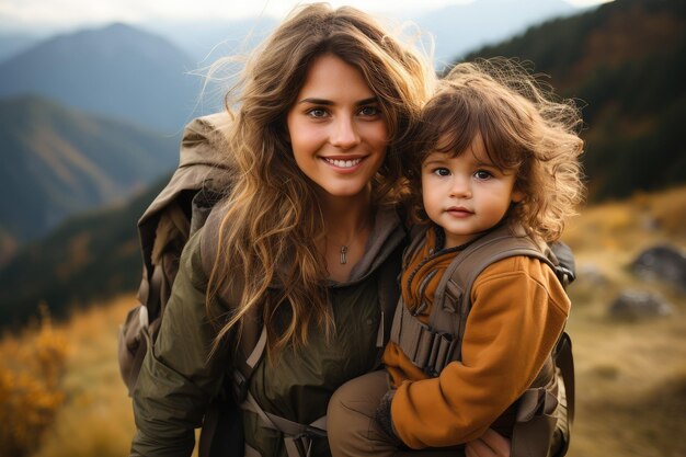 Una madre con un hijo a través de las montañas un estilo de vida activo