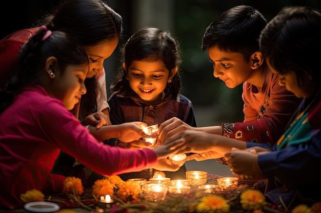 Madre y hijos indios encienden dias para la celebración de Diwali
