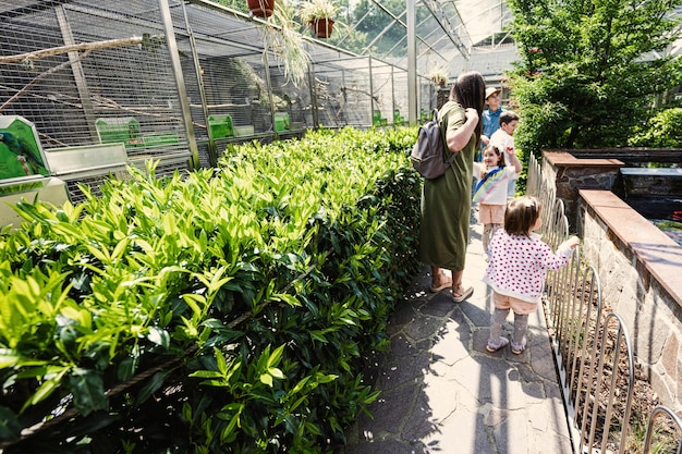 Madre con hijos visita el zoológico de loros en un día soleado