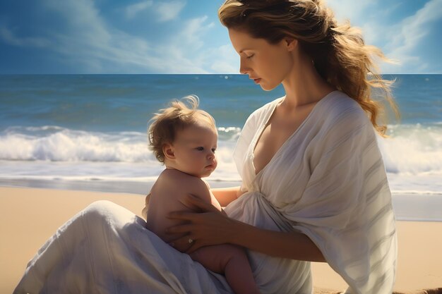 Foto madre de ia generativa charla con su lindo bebé mientras está en la playa