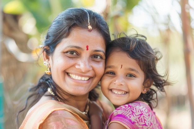 Una madre india feliz se une a su hija al aire libre haciendo hincapié en el amor