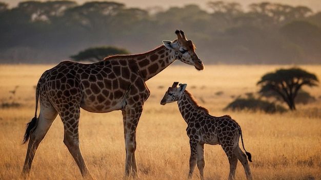 La madre jirafa y su cría en safari