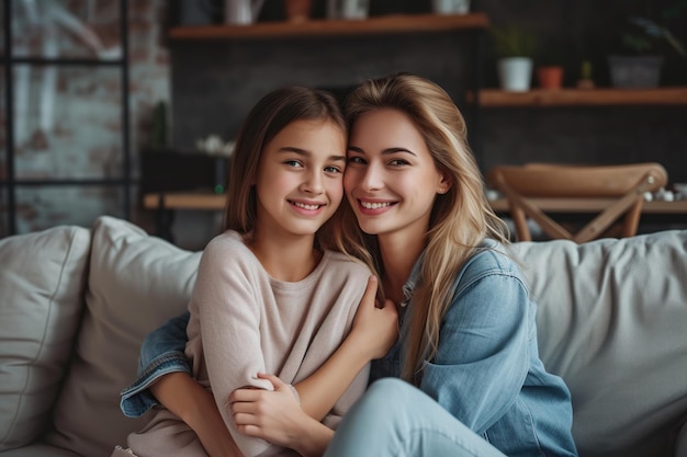 Madre joven alegre y feliz con su hija adolescente sentada en el sofá en casa Madre mujer alegre con su hija abrazándose en el interior Día de la Madre relación familiar concepto de amor y cuidado