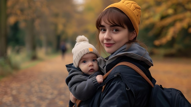 Madre joven con bebé disfrutando de un tranquilo paseo de otoño en el parque estilo de vida moderno casual maternidad y concepto de familia IA