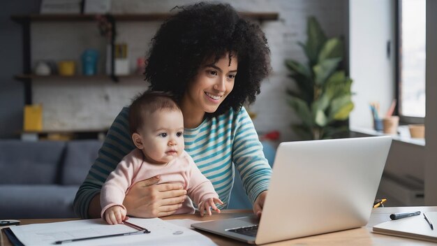 Madre joven con bebé trabajando y usando portátil