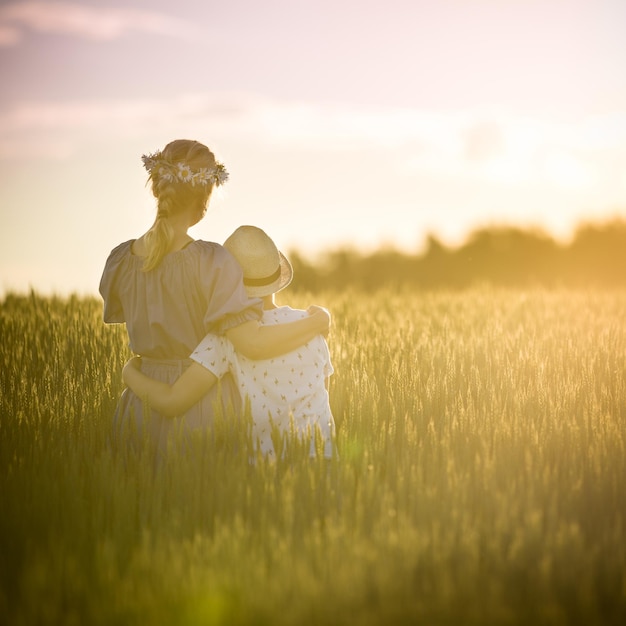 Madre joven con niño abrazando mientras camina en el campo en una tarde soleada