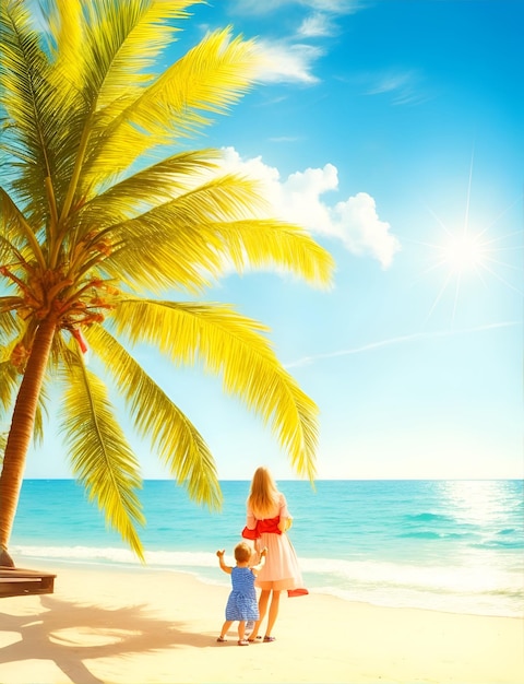 Foto madre juega con su hijo en la playa soleada de verano