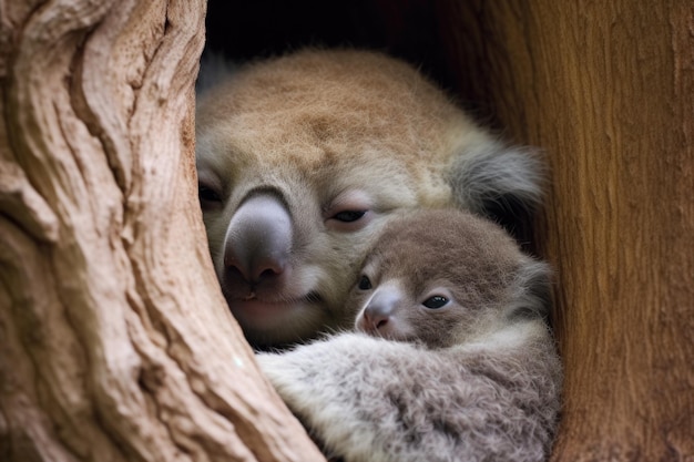 Madre koala abrazando a su bebé en un eucalipto