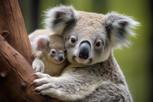 Una madre koala con joey aferrado a su espalda.