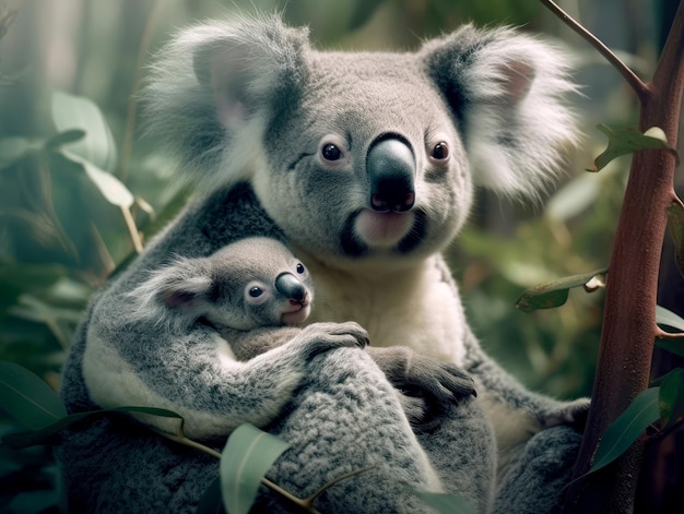 Una madre koala con su bebé en el bosque