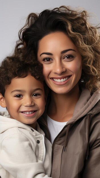 Foto madre latina sosteniendo y abrazando a su hijo ambos sonriendo felices