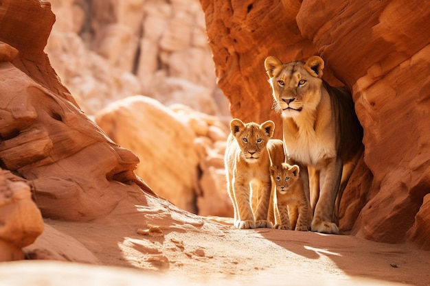 una madre león y su cachorro están en el desierto