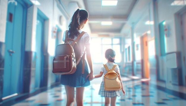 La madre lleva a una niña pequeña a la escuela en primer grado