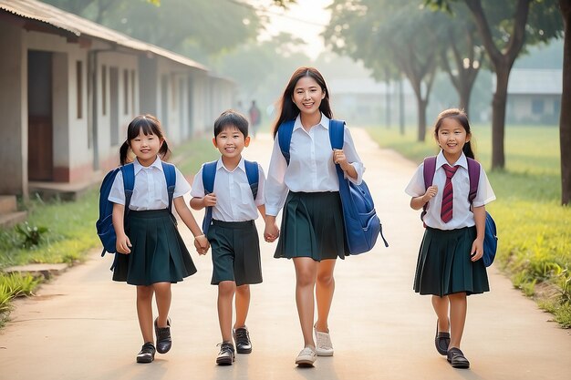 Foto la madre lleva a sus hijos a la escuela por la mañana