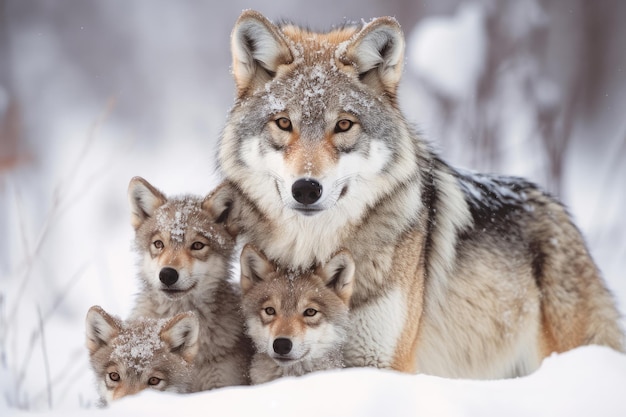 Madre loba y cachorros de lobo en la nieve invernal IA generativa