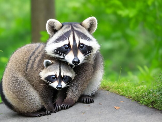 Foto madre mapache con pequeño mapache ai generado.