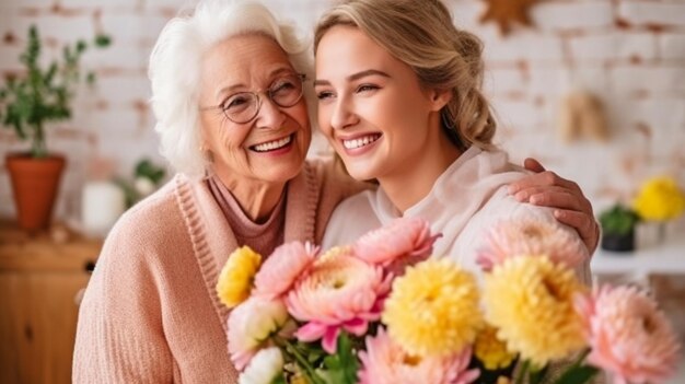 Madre mayor sonriendo mientras saborea el amor de su hija en el Día de la Madre IA generativa