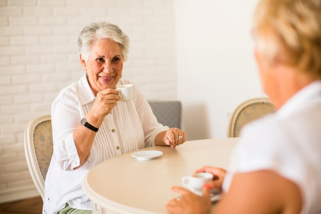 Madre mayor y vieja hija madura hablando y tomando café en la habitación