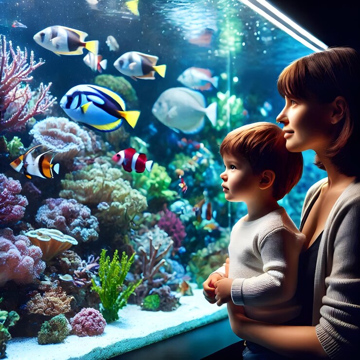 Madre mostrando a los niños peces en el acuario ai generado