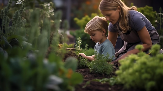 La madre le muestra a su hijo cómo cuidar el jardín y las plantas Creado con tecnología de IA generativa