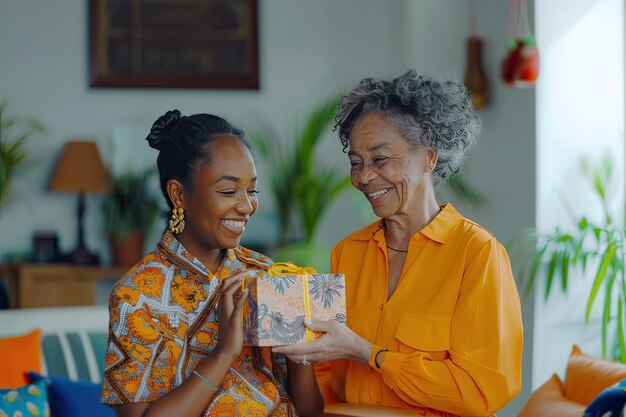 Madre multirracial recibiendo un regalo de su hija en el Día de la Madre IA generativa