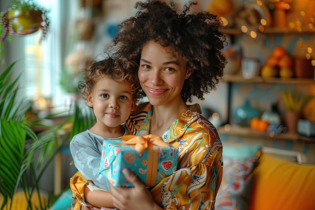 Madre multirracial recibiendo un regalo de su hijo en el Día de la Madre