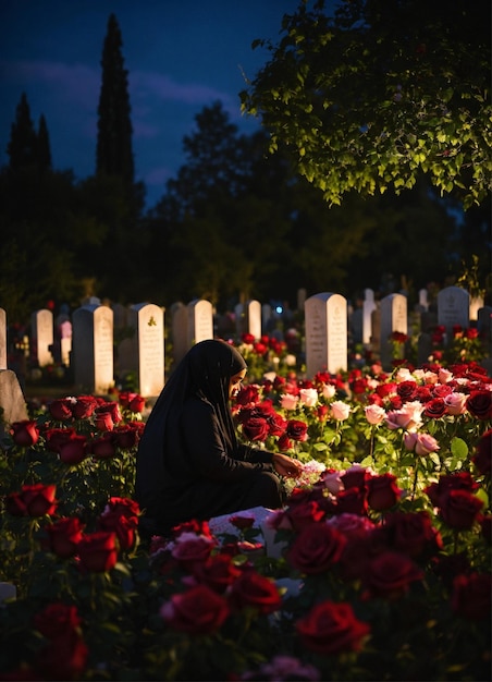 una madre musulmana visita el cementerio de su hija rodeada de rosas tarde en la noche