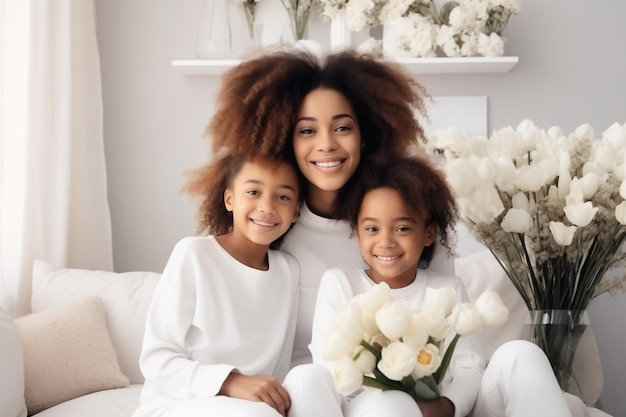 Madre negra y sus dos hijas sonrientes vestidas de blanco sentadas en un sofá blanco