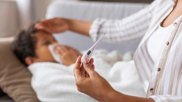 Foto madre negra tocando la frente de su hijo y comprobando su temperatura con un termómetro digital