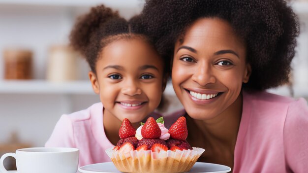 Foto madre y niña disfrutando de un postre casero en la sala de estar con espacio de copia celebración del día de la madre