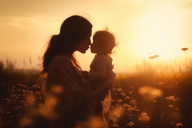 una madre y un niño en un campo de flores con el sol detrás de ellos