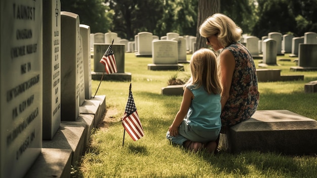 Madre con niño en el cementerio cerca de la tumba.