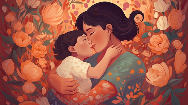 Una madre y un niño en un fondo floral.