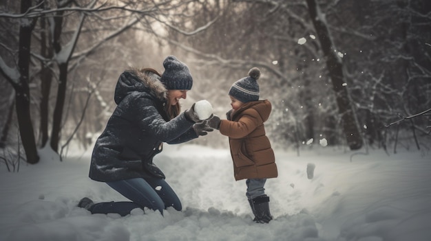 Una madre y un niño jugando en la nieve.