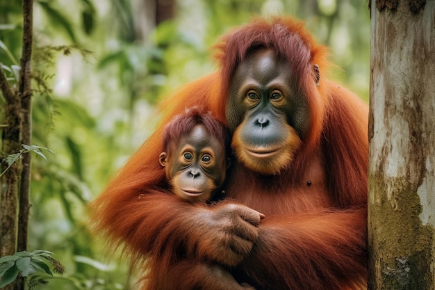 Una madre orangután y su bebé están en la jungla.