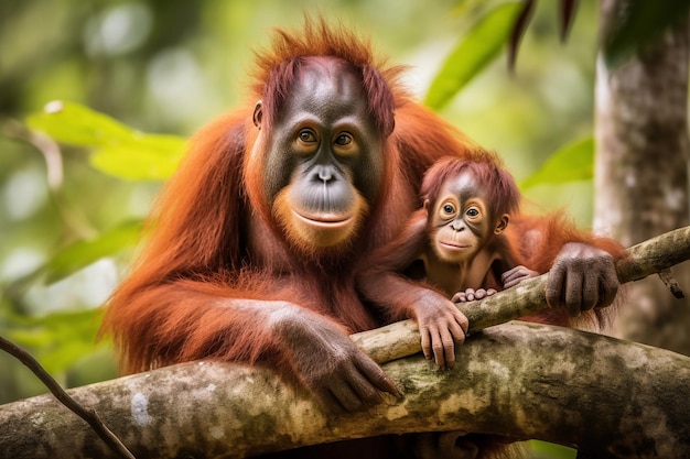 Una madre orangután y su bebé están sentados en una rama.