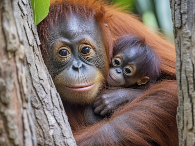 Una madre orangután con su bebé