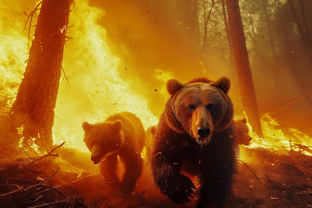 Madre oso con cachorros huyendo del fuego en el bosque Concepto de peligro de incendio forestal