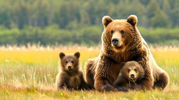 Foto madre oso con crías en un prado retrato familiar de la vida silvestre relajación y la naturaleza abrazando el momento tierno capturado ideal para fines educativos ia