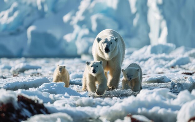 Madre oso polar guiando a sus cachorros a través del desierto congelado