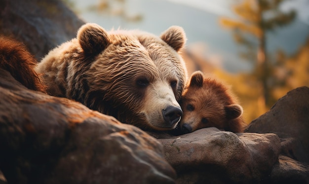 una madre oso y su cachorro acurrucados en una roca